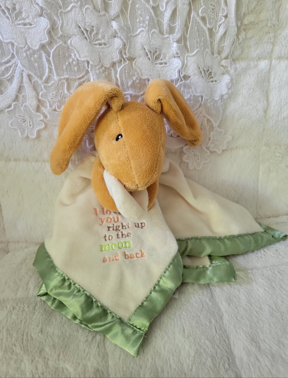 Plush Bunny Comfort Blanket Tan Bunny with Green Trim Lovey GUESS I MUCH I LOVE